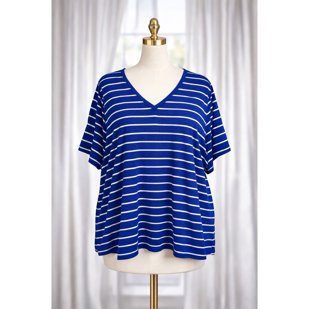 Catherines Luxe Suprema‎ Collection Cotton Knit Tee Top 3X Blue Striped V-Neck
